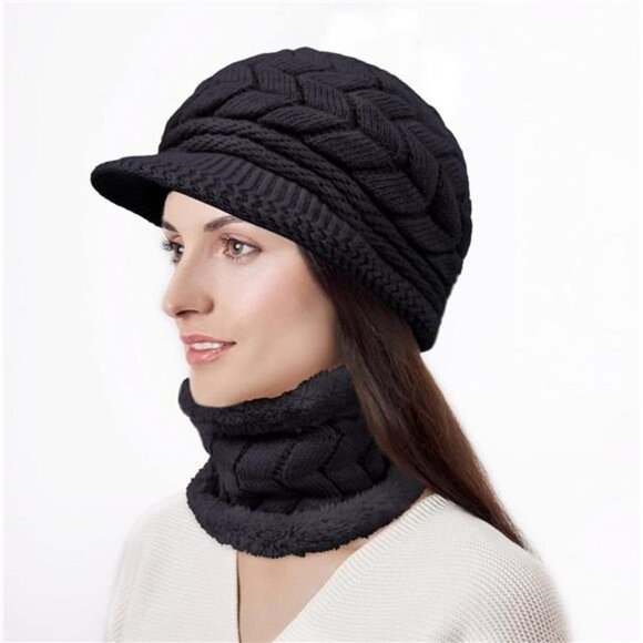 3-Pieces Knit Winter Hat Gloves Scarf Set Beanie Neck Warmer Touch Screen Black - Picture 1 of 6